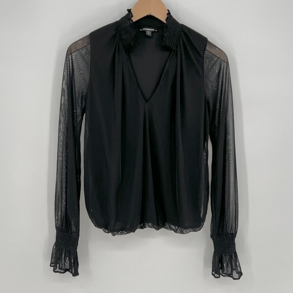 Express Womens Sheer Sleeve Ruffle Neck Blouse Size XS Black Bubble Hem Pullover